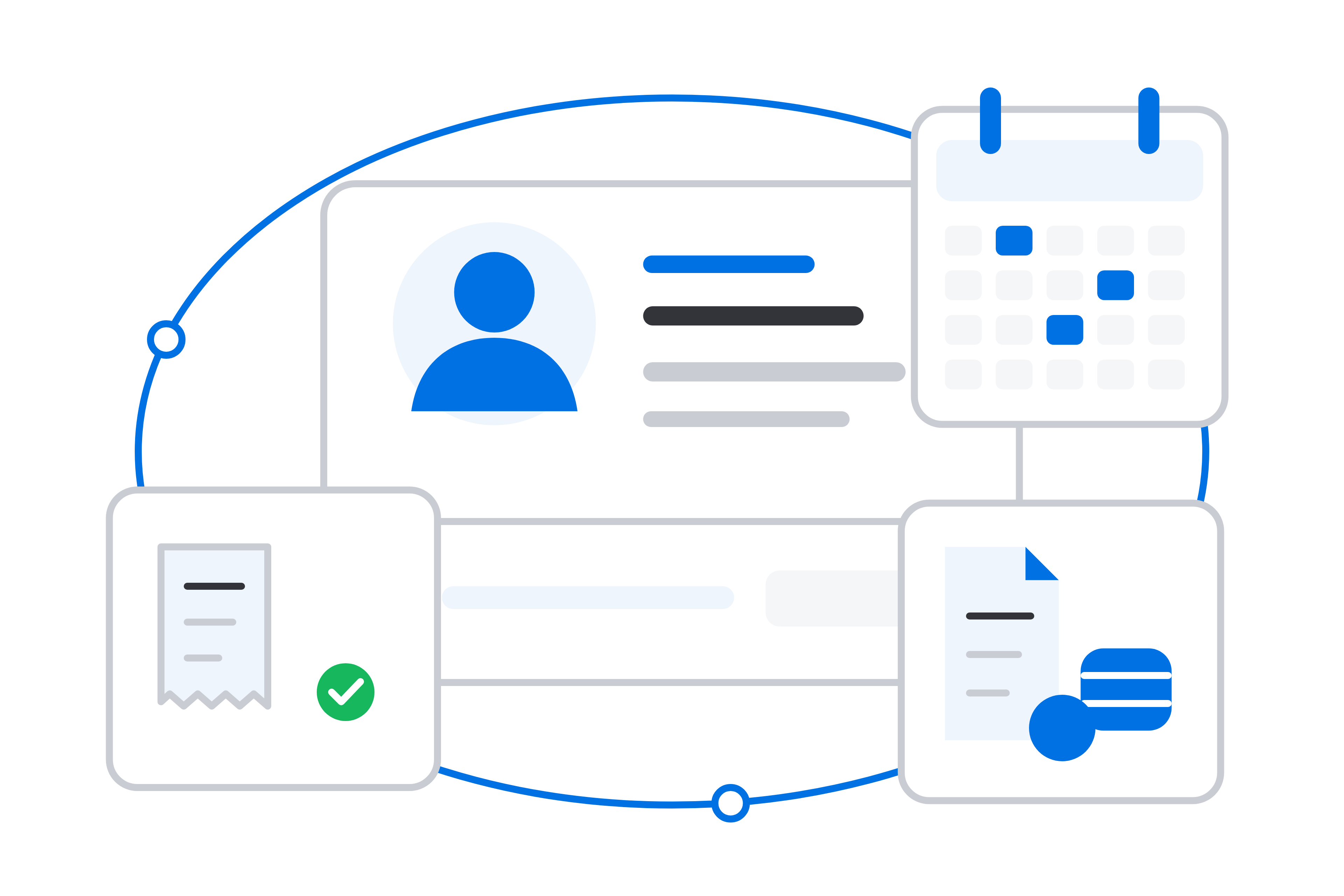 Four things HRStuff holds, drawn as cards joined together: an employee record with their photo and details, a leave calendar with days marked, an expense claim listing meals, travel and equipment, and a pay summary with a bank symbol and a bar chart.